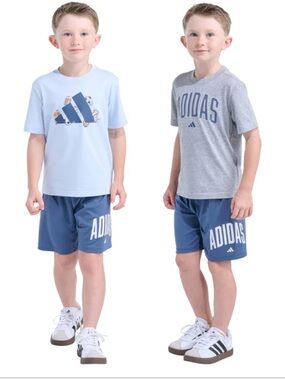 adidas Kids Athletic Tee & Shorts Set - Light Blue, Gray, Navy